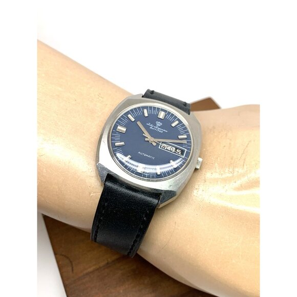 Jules Jurgensen Men's Watch Vintage Swiss Automatic Blue Dial Day Date 35mm - Picture 5 of 15